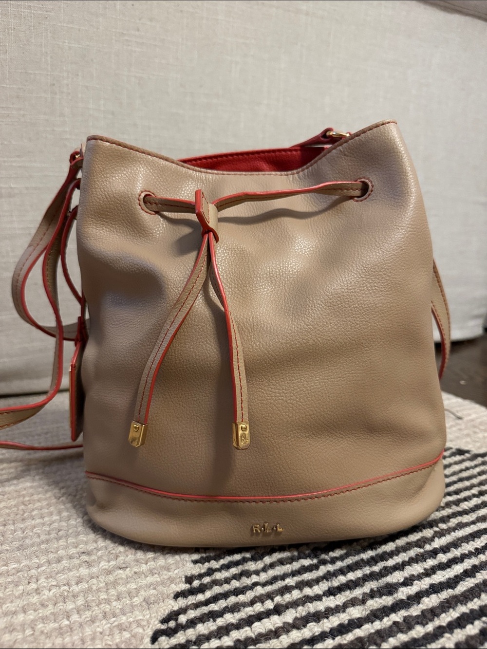 Ralph Lauren Neutral Beige Leather Drawstring Bucket Bag with Red Trim